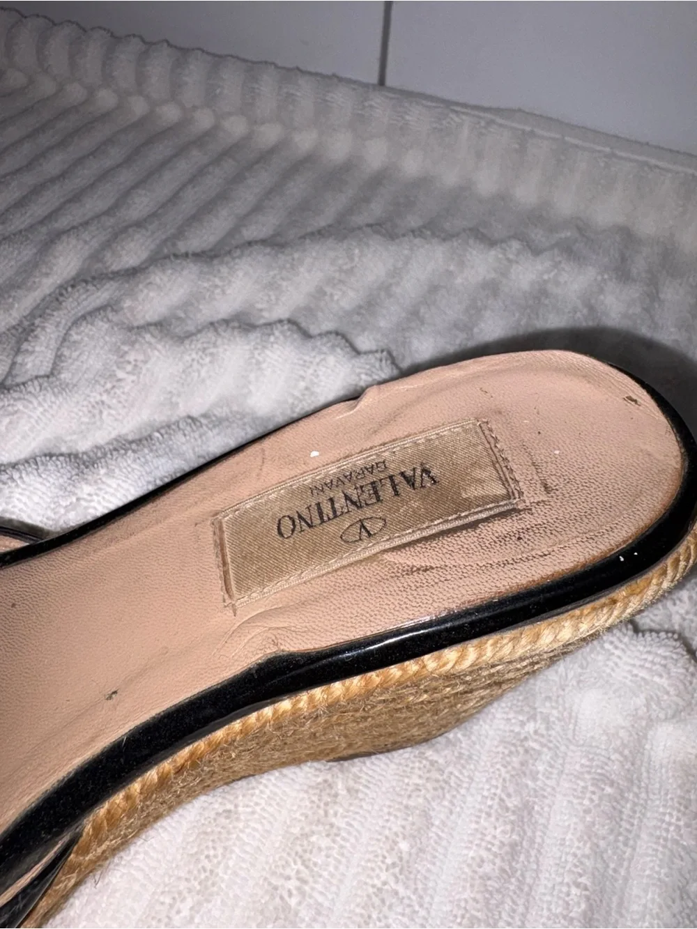 Valentino Garavani Black Patent Leather Bow Espadrille Wedge Mules